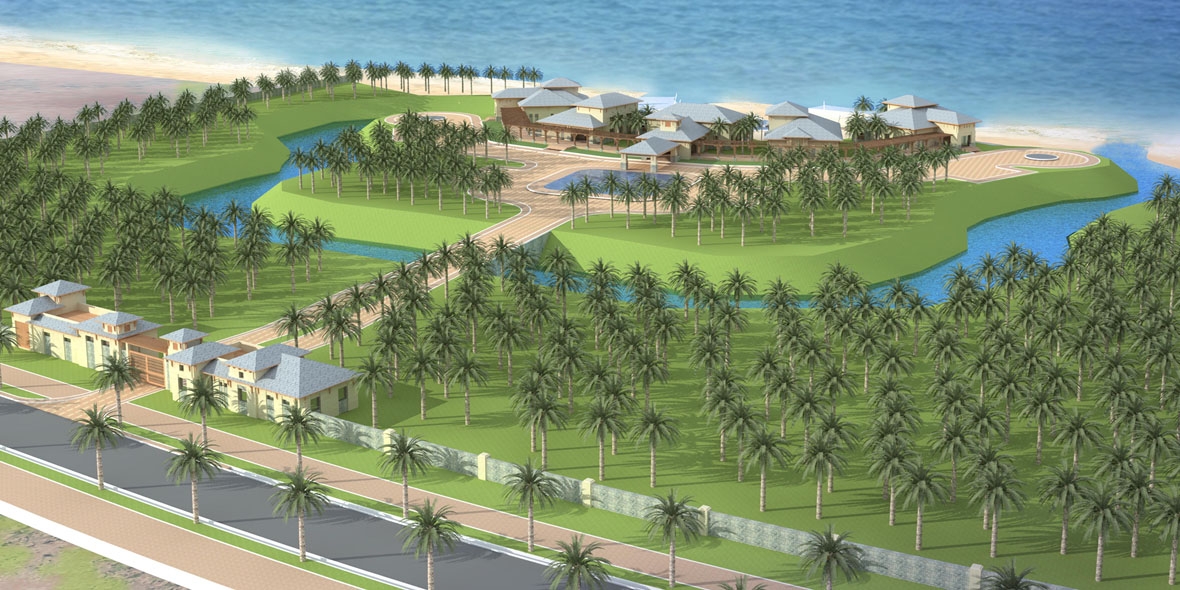 Sketch of buildings on buildings on green grass land right in front of the ocean